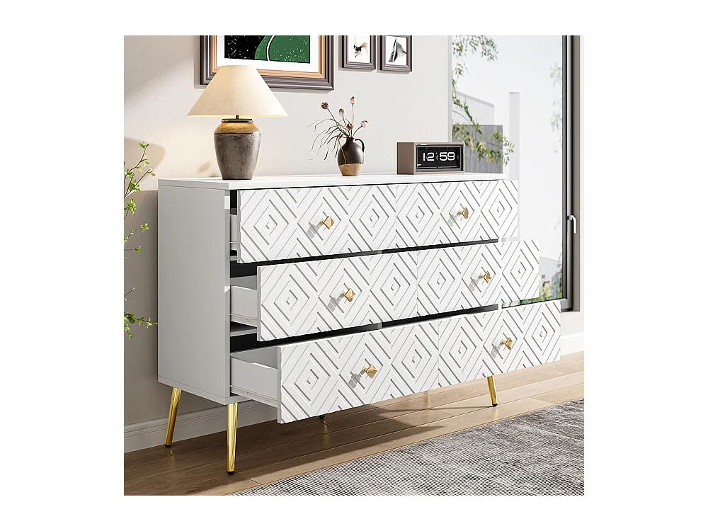 Aparador moderno de 6 gavetas - 120x40x80 cm - Branco elegante com cores douradas