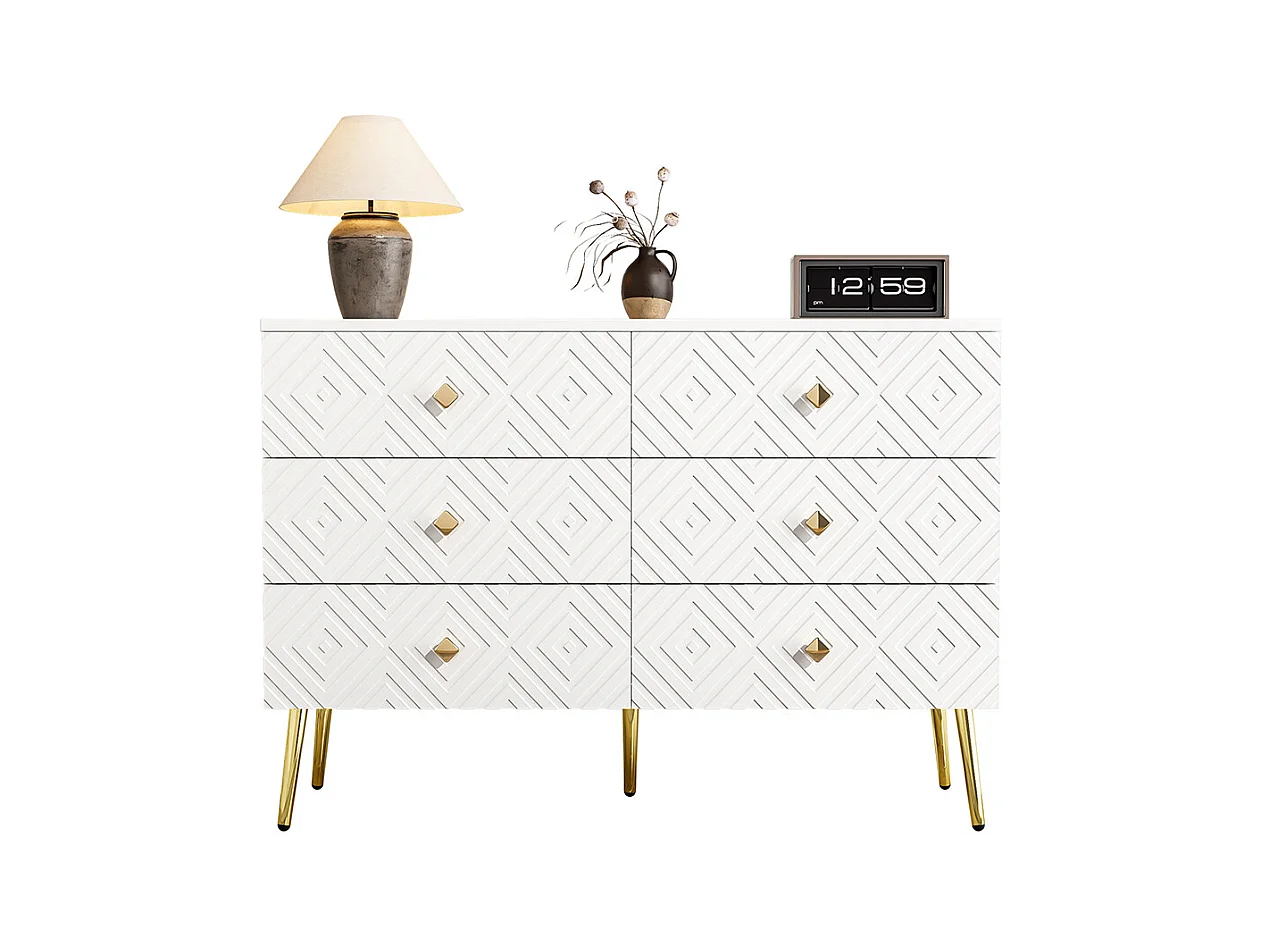 Aparador moderno de 6 gavetas - 120x40x80 cm - Branco elegante com cores douradas