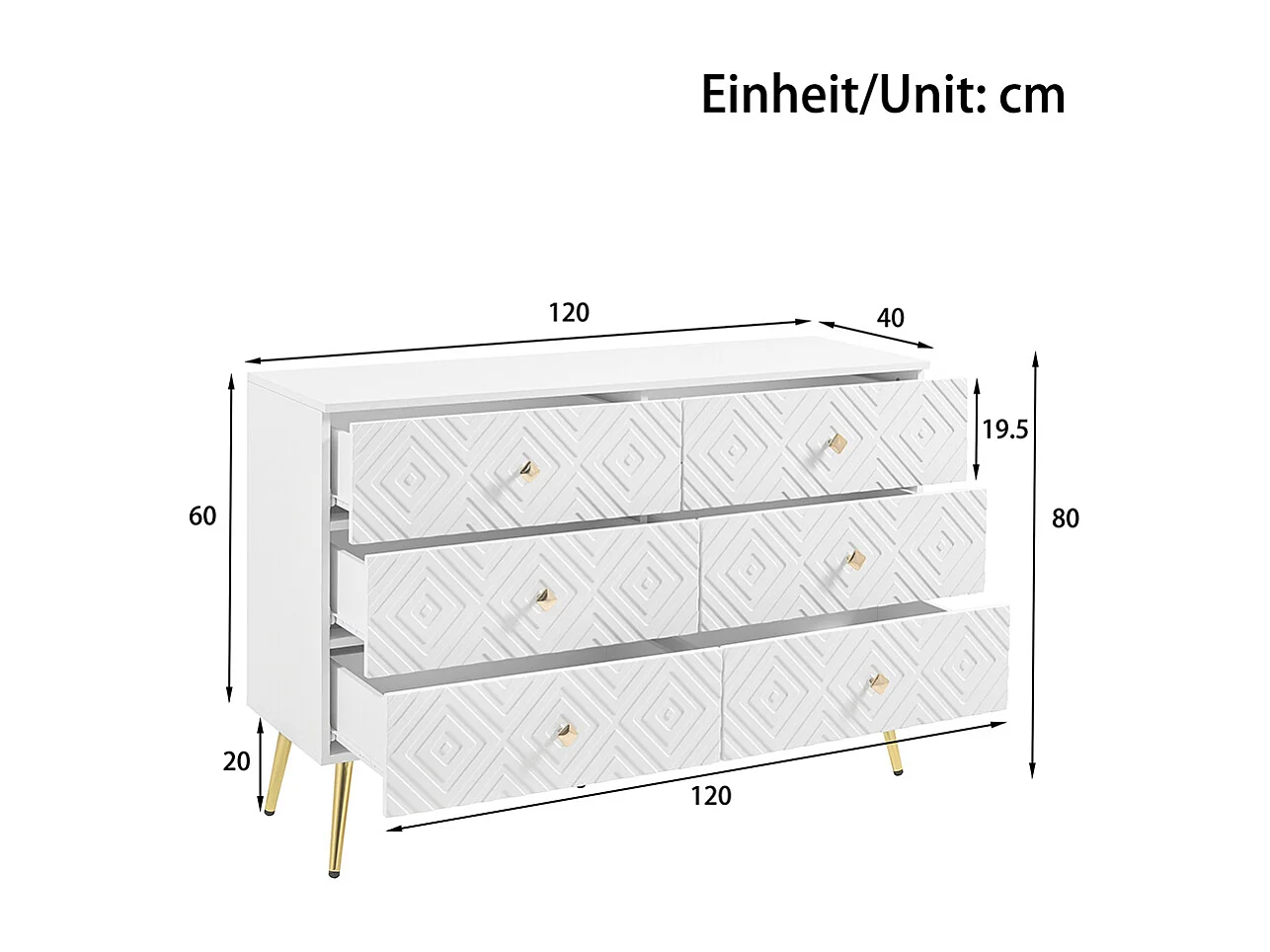 Aparador moderno de 6 gavetas - 120x40x80 cm - Branco elegante com cores douradas