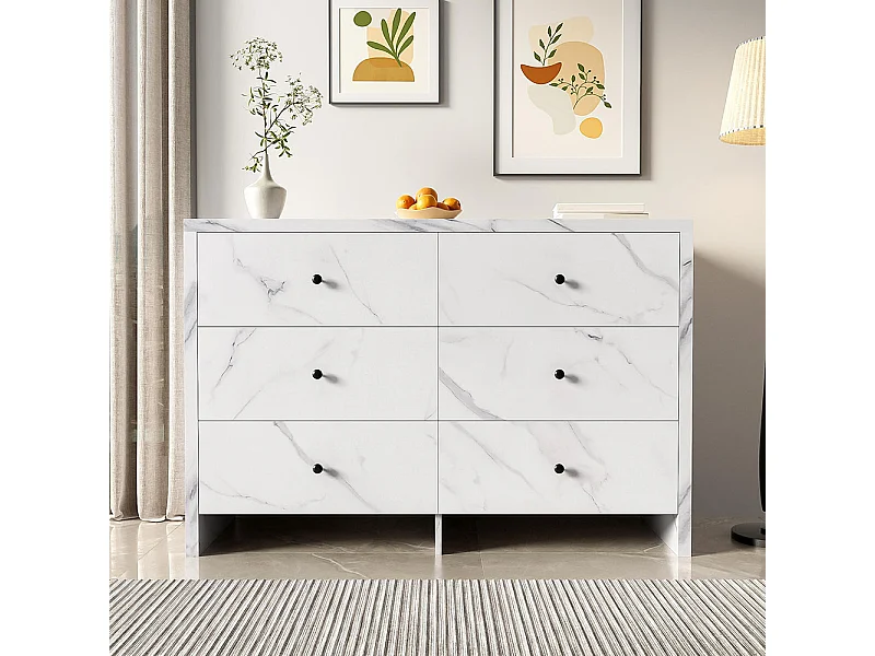 Sideboard, elegantes Marmoraufbewahrungsmöbel, 120 cm, 6 Schubladen, schwarze Holzgriffe, Kippschutzvorrichtung.