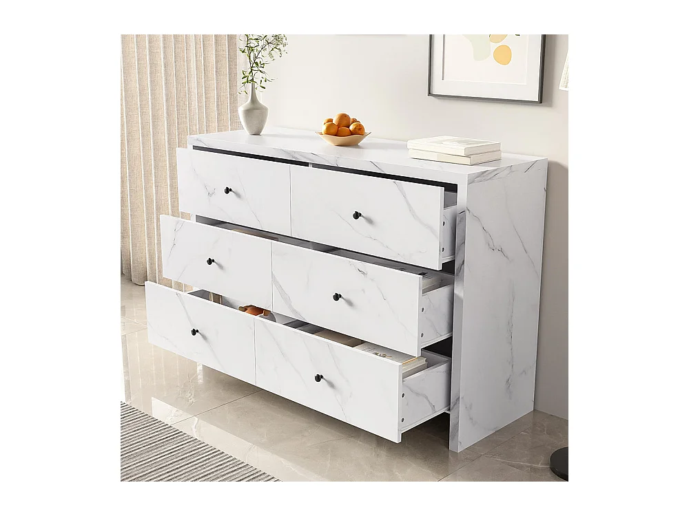 Sideboard, elegantes Marmoraufbewahrungsmöbel, 120 cm, 6 Schubladen, schwarze Holzgriffe, Kippschutzvorrichtung.