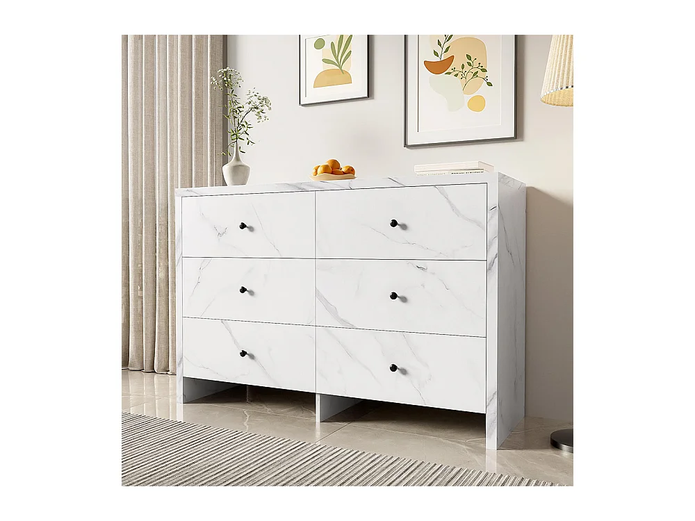 Sideboard, elegantes Marmoraufbewahrungsmöbel, 120 cm, 6 Schubladen, schwarze Holzgriffe, Kippschutzvorrichtung.