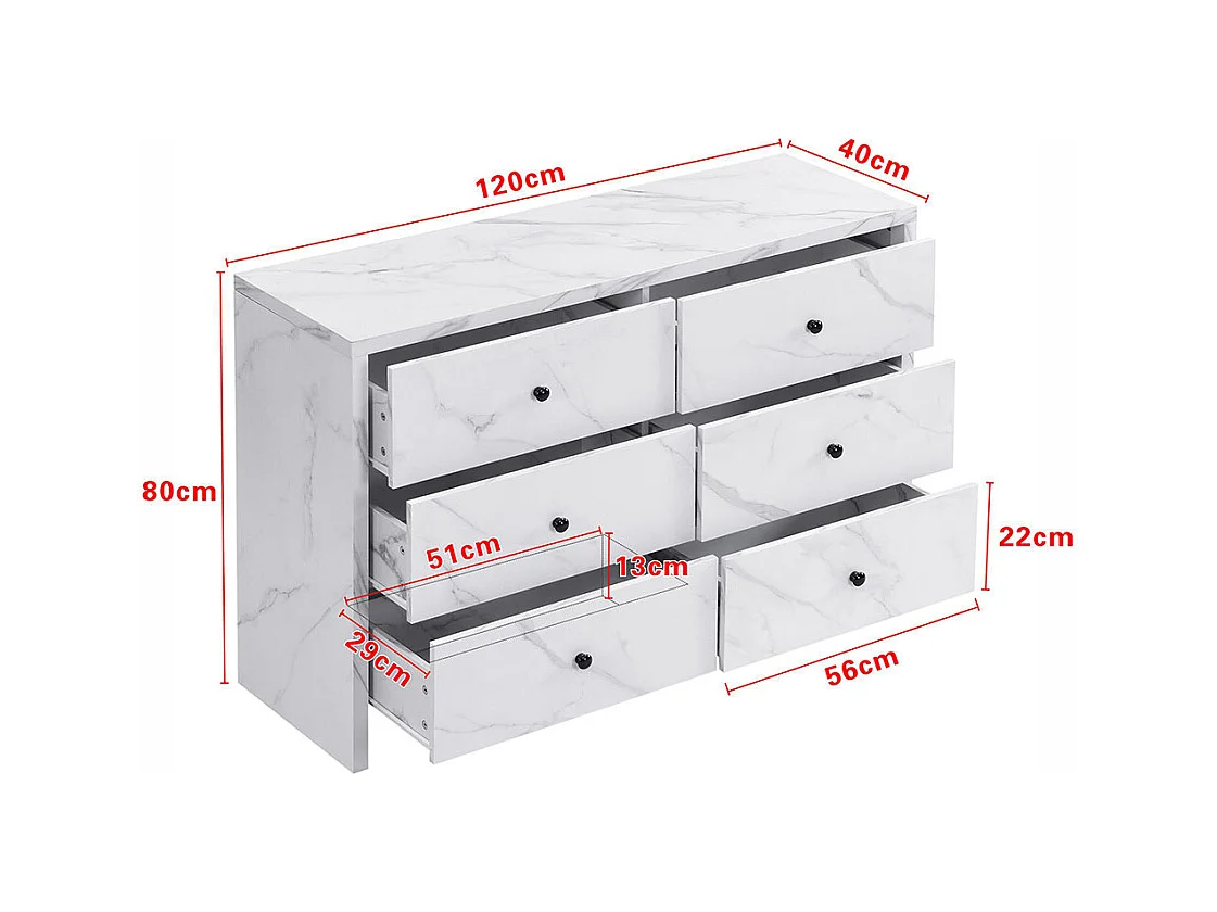 Sideboard, elegantes Marmoraufbewahrungsmöbel, 120 cm, 6 Schubladen, schwarze Holzgriffe, Kippschutzvorrichtung.