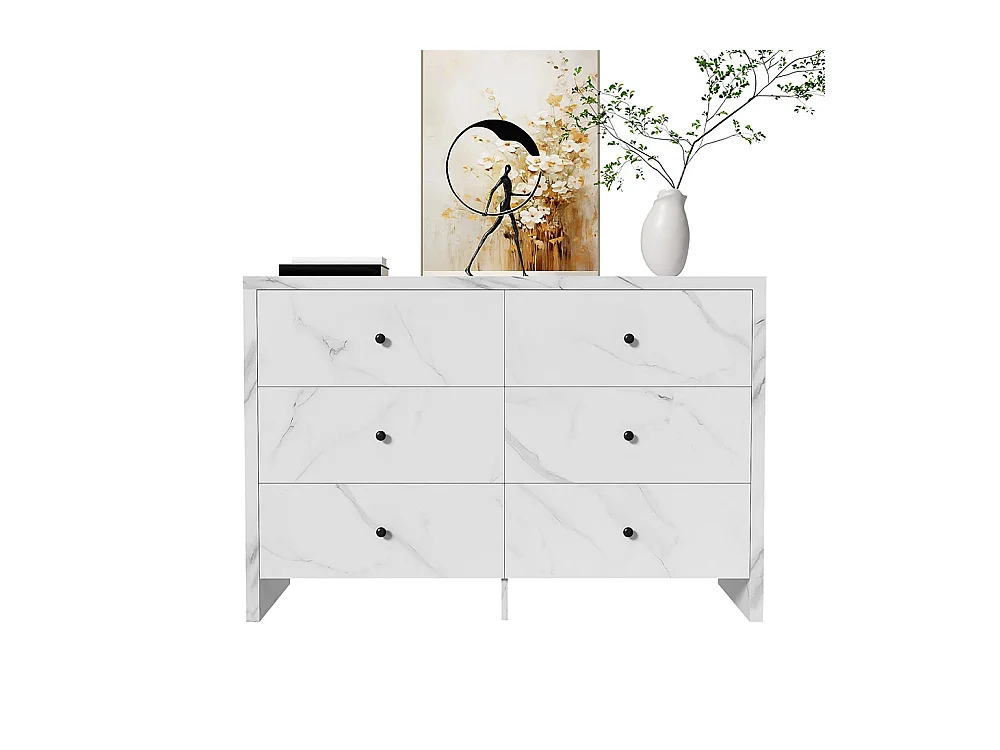 Sideboard, elegantes Marmoraufbewahrungsmöbel, 120 cm, 6 Schubladen, schwarze Holzgriffe, Kippschutzvorrichtung.