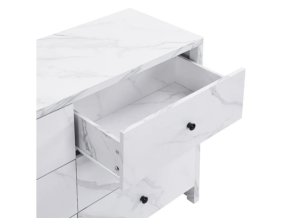 Sideboard, elegantes Marmoraufbewahrungsmöbel, 120 cm, 6 Schubladen, schwarze Holzgriffe, Kippschutzvorrichtung.