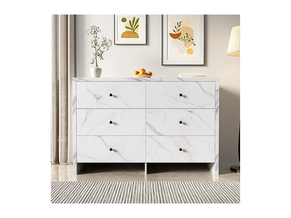 Buffet, élégant meuble de rangement en marbre, 120 cm, 6 tiroirs, poignées en bois noir, dispositif anti-basculement