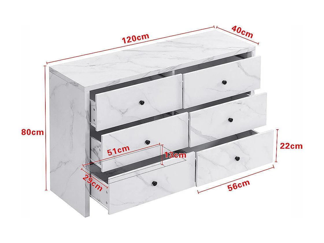 Buffet, élégant meuble de rangement en marbre, 120 cm, 6 tiroirs, poignées en bois noir, dispositif anti-basculement