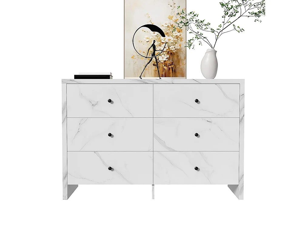 Buffet, élégant meuble de rangement en marbre, 120 cm, 6 tiroirs, poignées en bois noir, dispositif anti-basculement