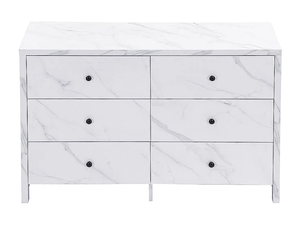 Buffet, élégant meuble de rangement en marbre, 120 cm, 6 tiroirs, poignées en bois noir, dispositif anti-basculement