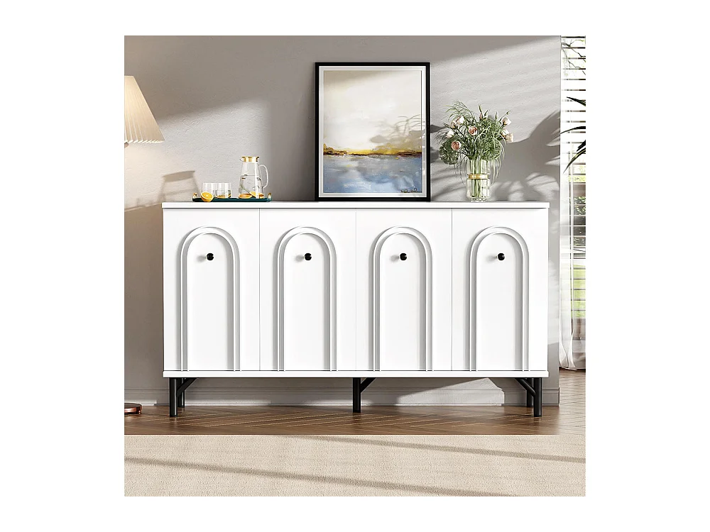 Buffet - blanc, 140 cm, façade arquée 3D, étagères réglables