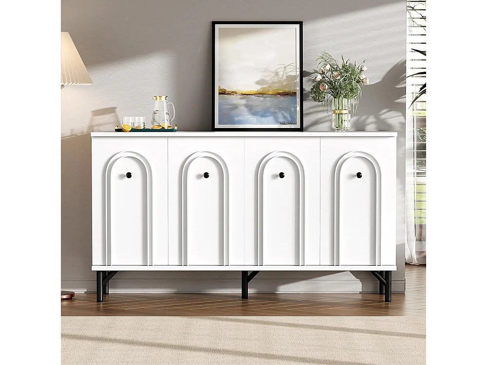 Sideboard - weiß, 140 cm, 3D-Bogenfront, verstellbare Regalböden.