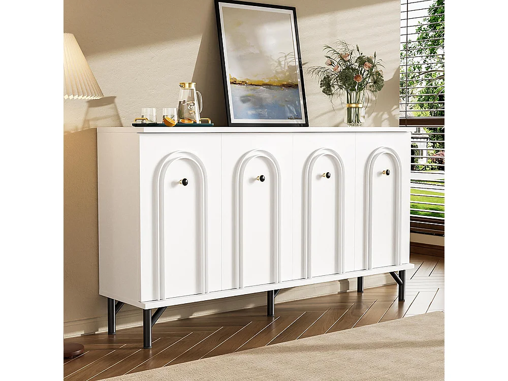 Sideboard - weiß, 140 cm, 3D-Bogenfront, verstellbare Regalböden.
