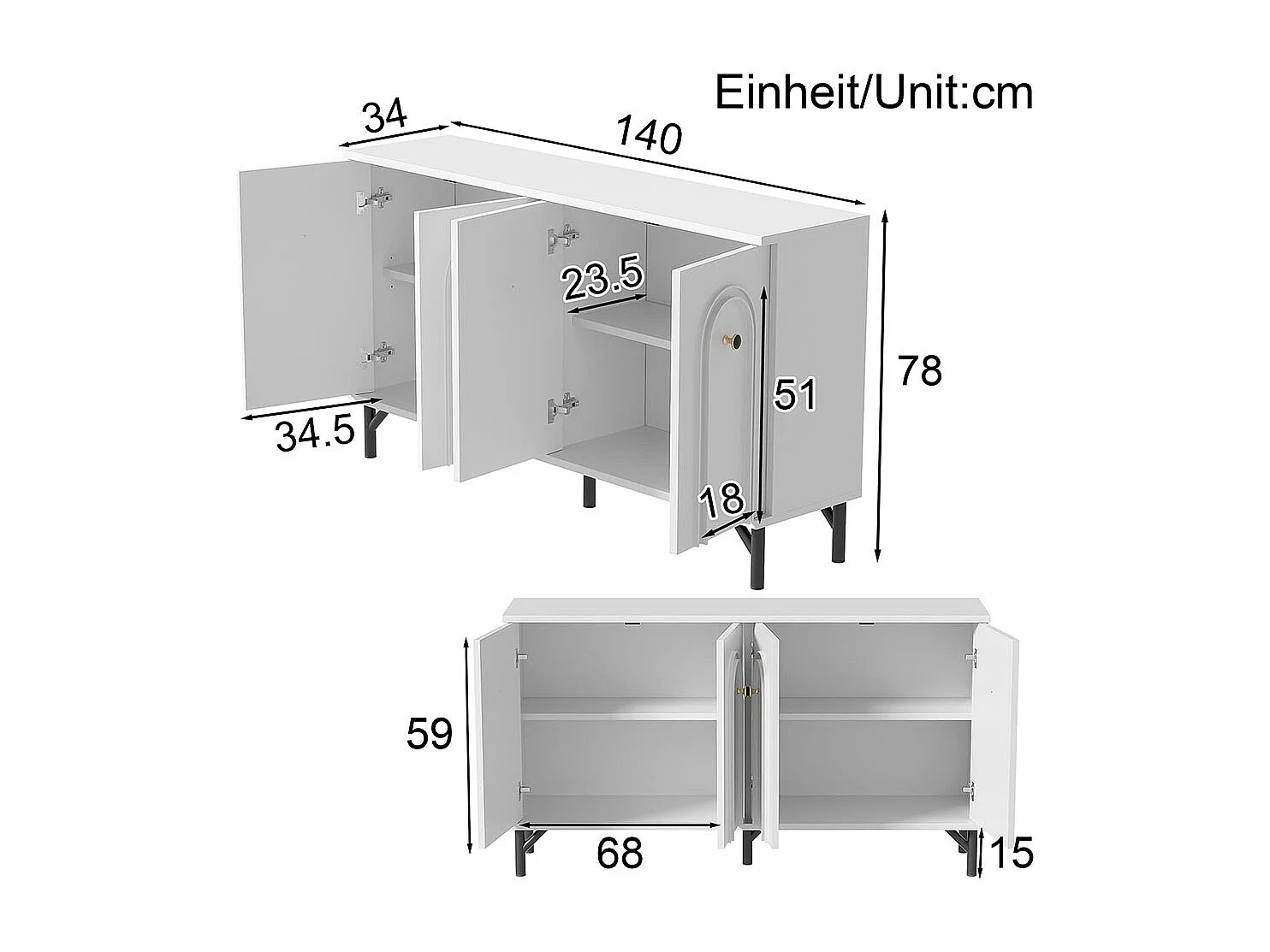 Sideboard - weiß, 140 cm, 3D-Bogenfront, verstellbare Regalböden.