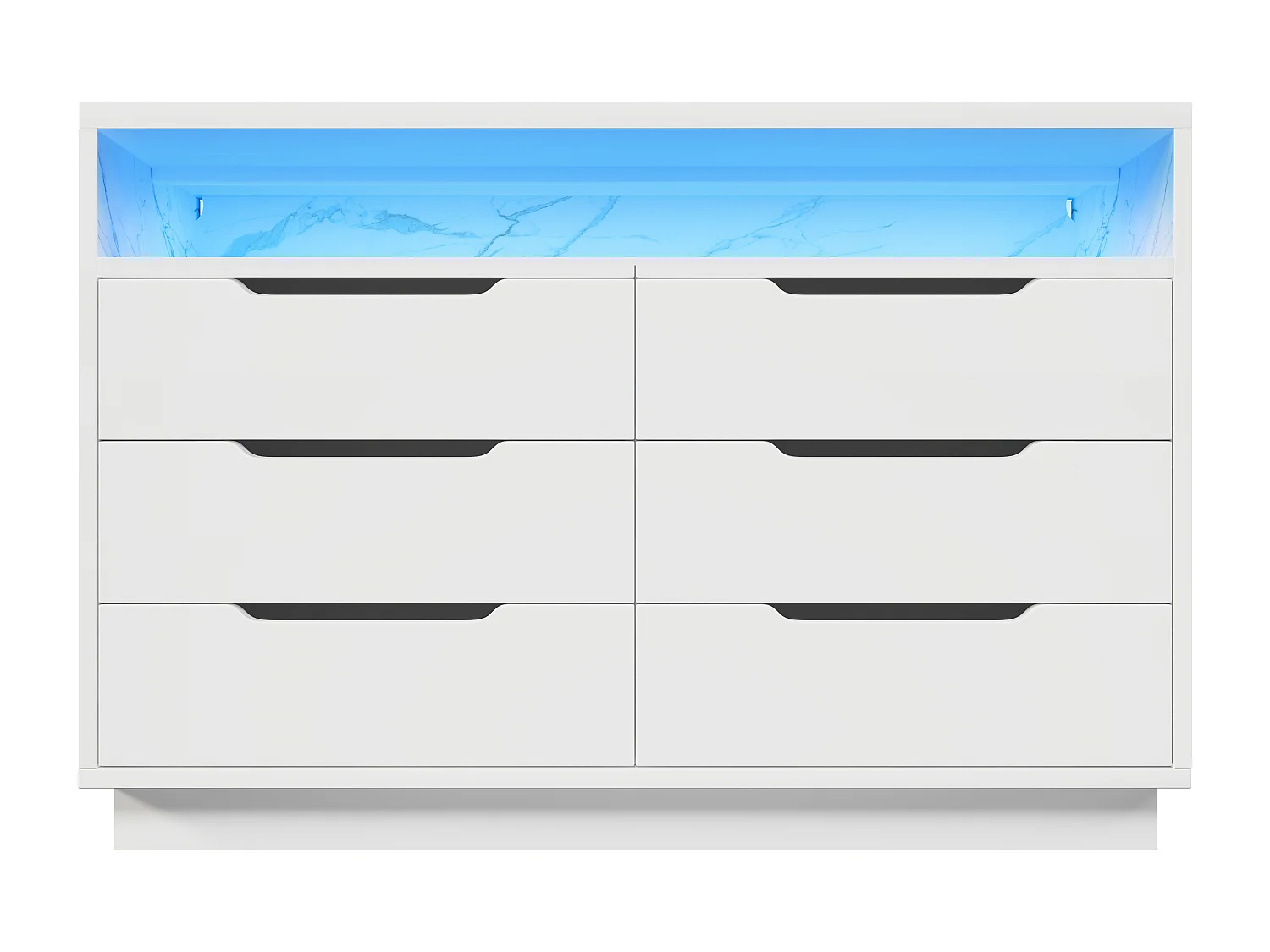Buffet, commode avec éclairage LED et 6 tiroirs, compartiment de rangement avec grain de marbre, 120x40x85 cm, blanc