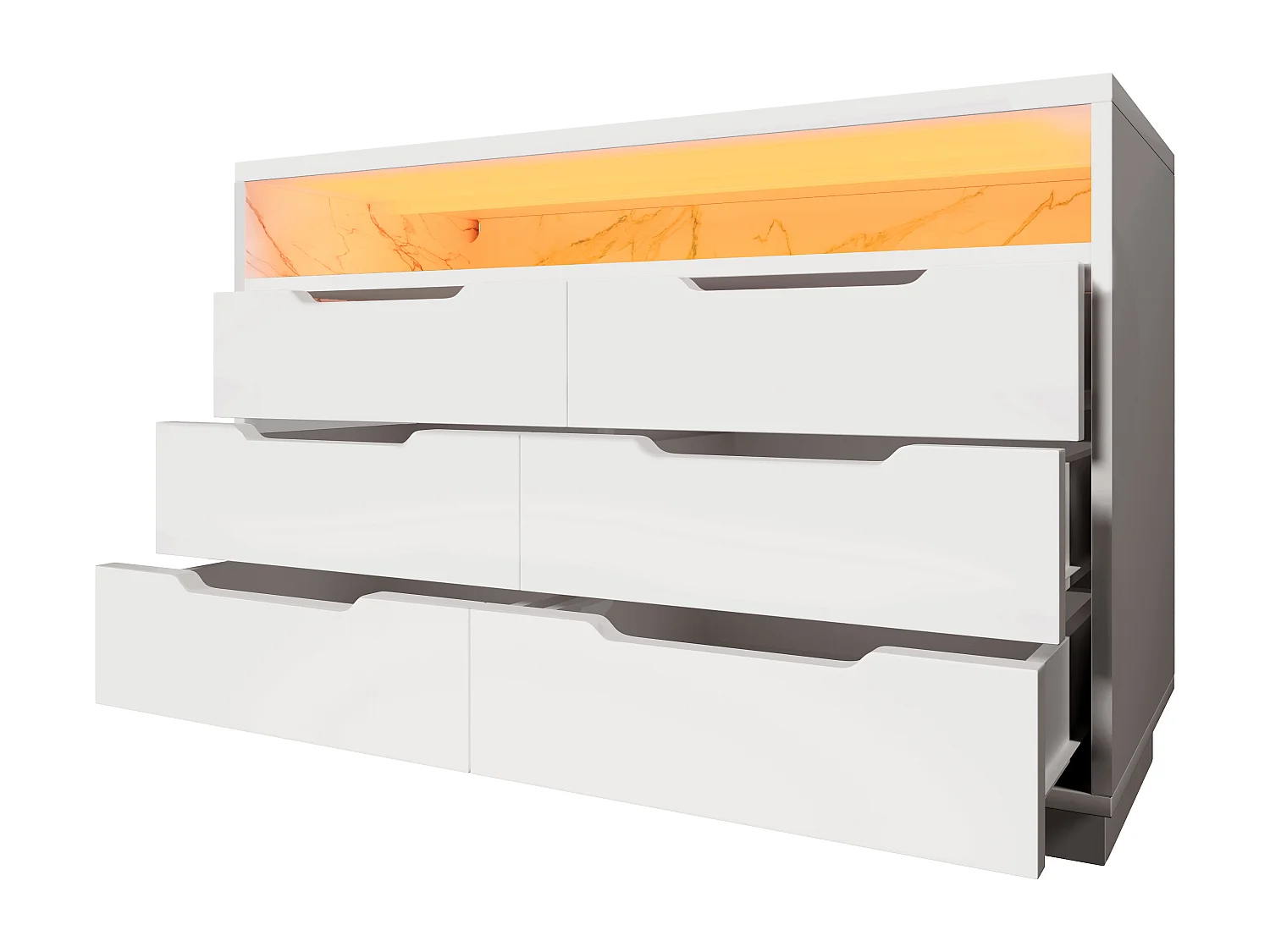 Buffet, commode avec éclairage LED et 6 tiroirs, compartiment de rangement avec grain de marbre, 120x40x85 cm, blanc