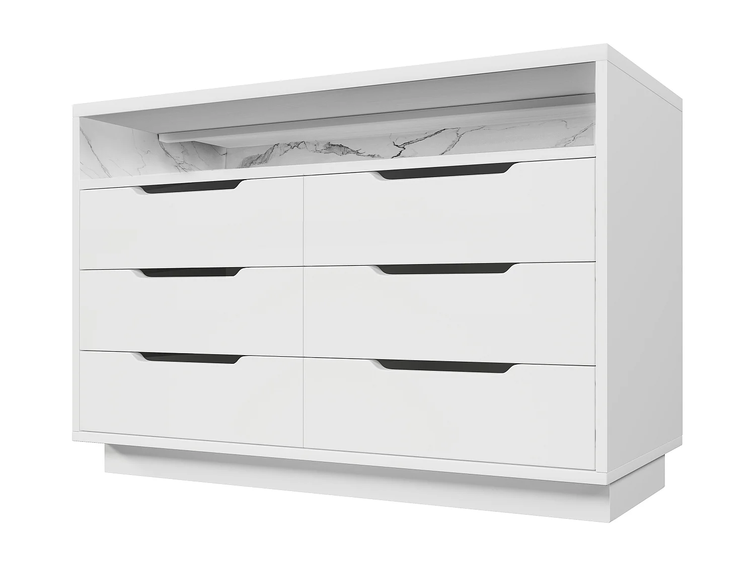Buffet, commode avec éclairage LED et 6 tiroirs, compartiment de rangement avec grain de marbre, 120x40x85 cm, blanc