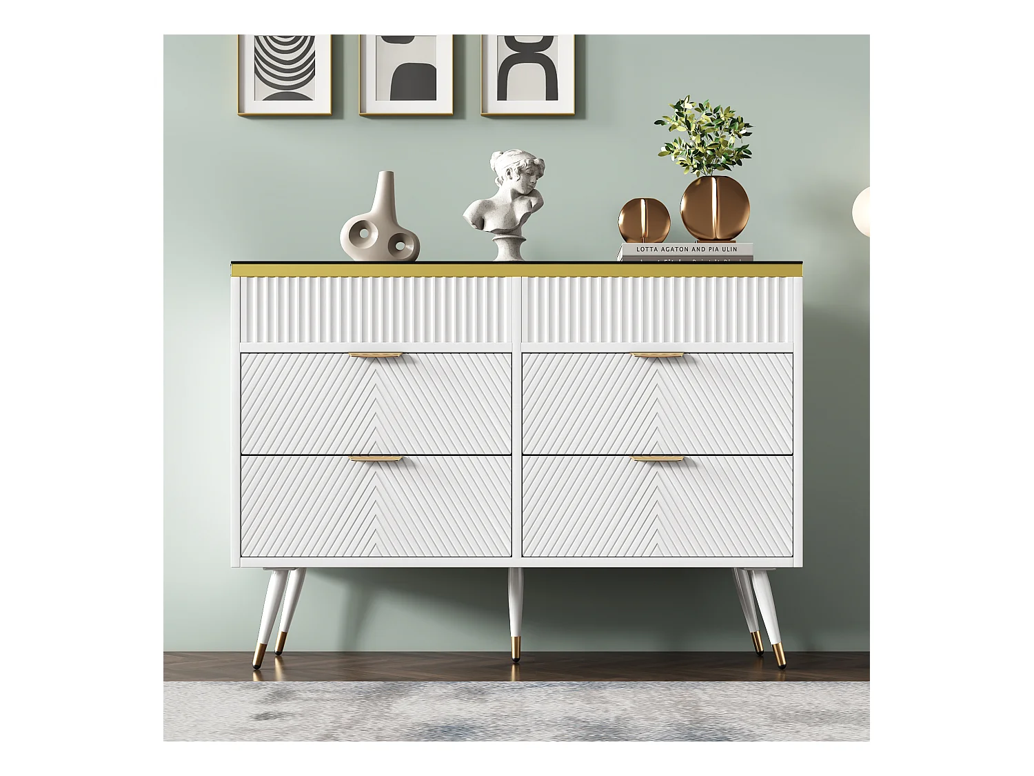 Buffet, verre ambré, commode avec 6 tiroirs, divisé, anti-basculement, 120 x 40 x 76 cm, blanc