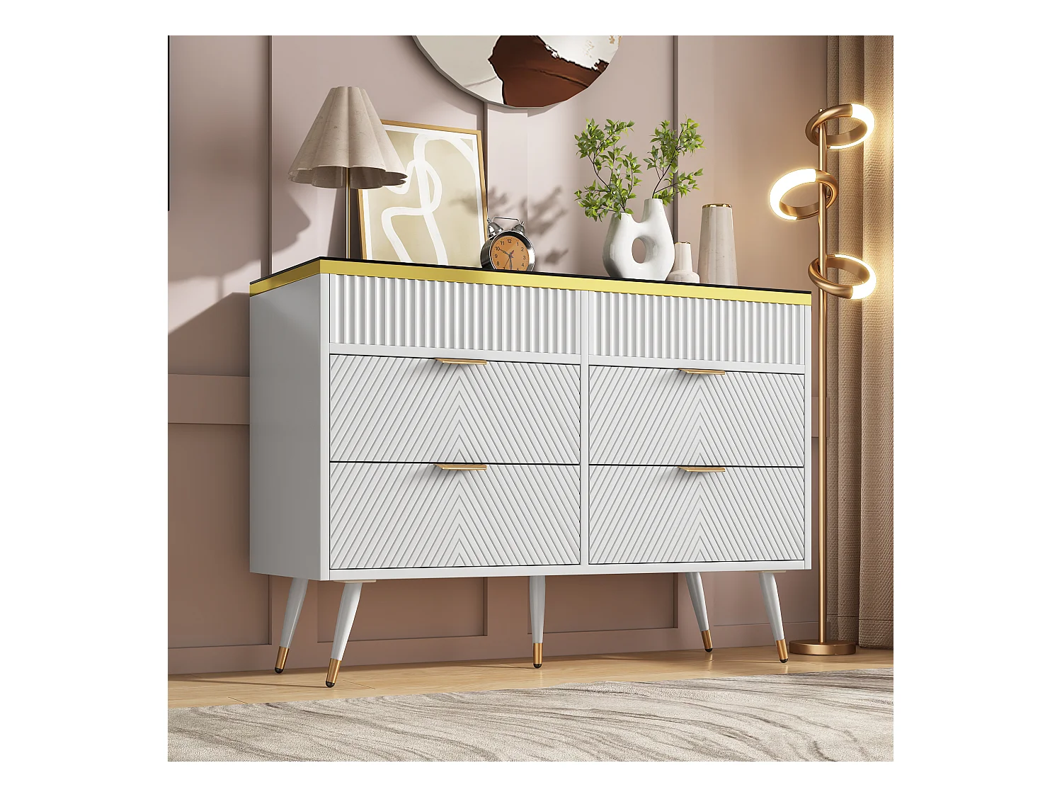 Buffet, verre ambré, commode avec 6 tiroirs, divisé, anti-basculement, 120 x 40 x 76 cm, blanc