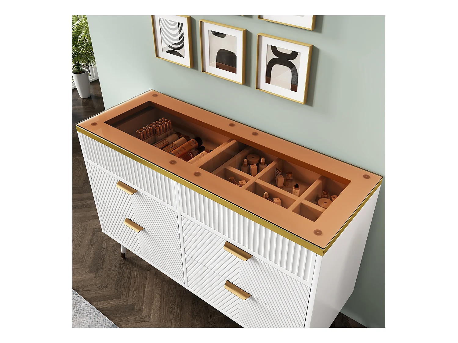 Buffet, verre ambré, commode avec 6 tiroirs, divisé, anti-basculement, 120 x 40 x 76 cm, blanc