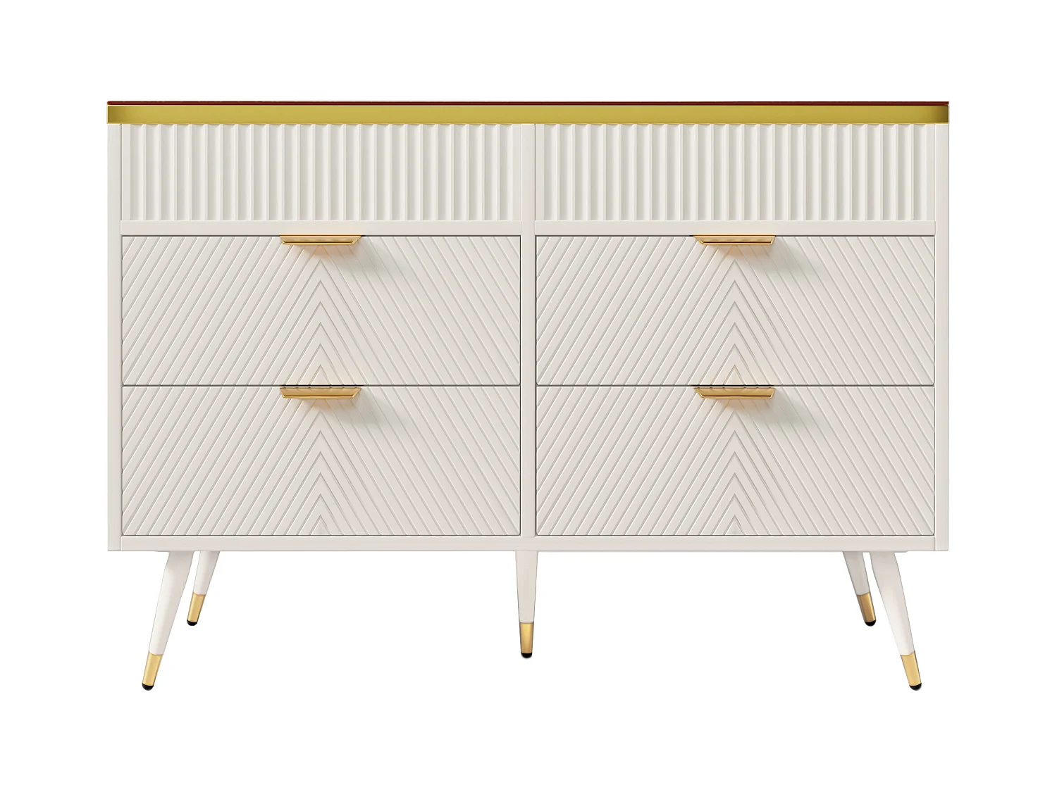 Buffet, verre ambré, commode avec 6 tiroirs, divisé, anti-basculement, 120 x 40 x 76 cm, blanc