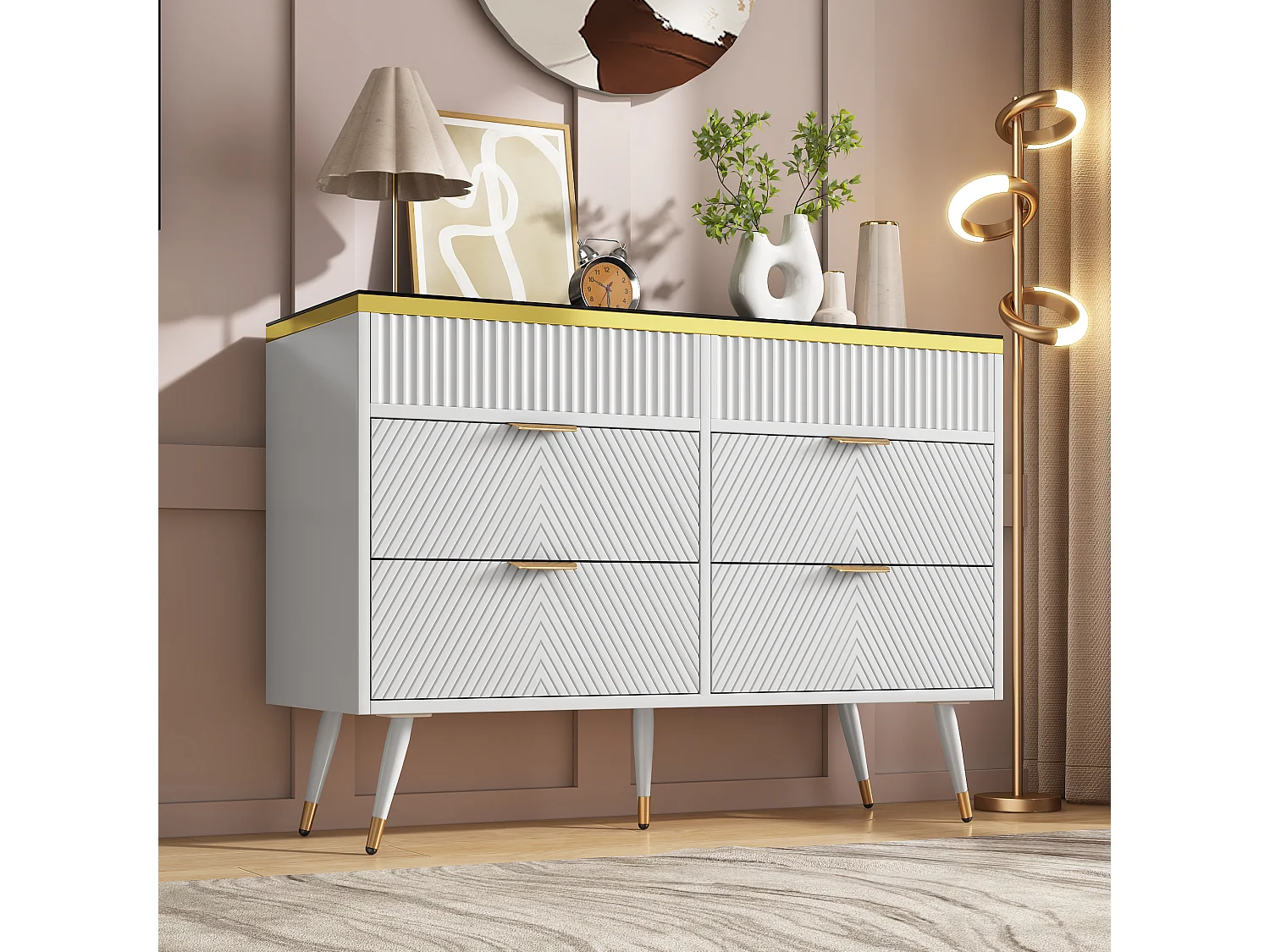 Dressoir, amber glas, commode met 6 laden, gedeeld, anti-kantel, 120 x 40 x 76 cm, wit