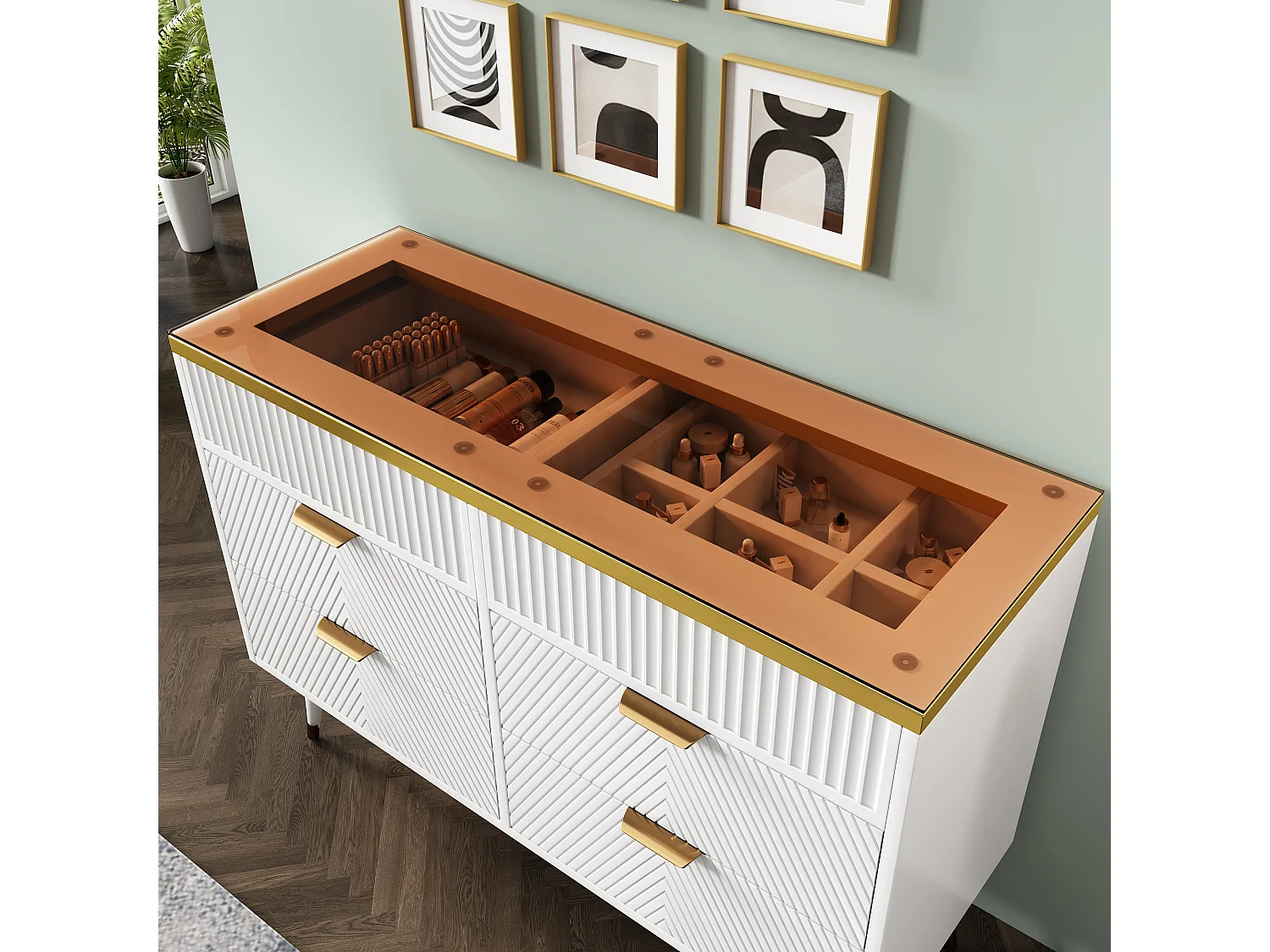 Dressoir, amber glas, commode met 6 laden, gedeeld, anti-kantel, 120 x 40 x 76 cm, wit