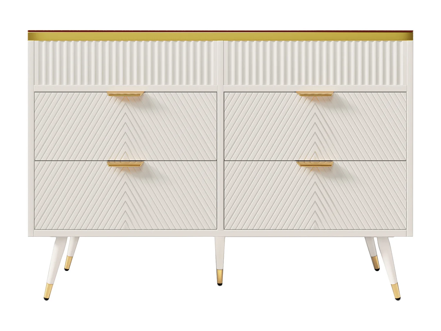 Dressoir, amber glas, commode met 6 laden, gedeeld, anti-kantel, 120 x 40 x 76 cm, wit