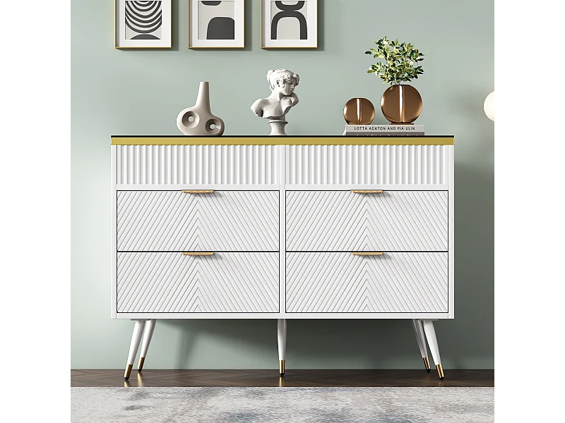 Dressoir, amber glas, commode met 6 laden, gedeeld, anti-kantel, 120 x 40 x 76 cm, wit