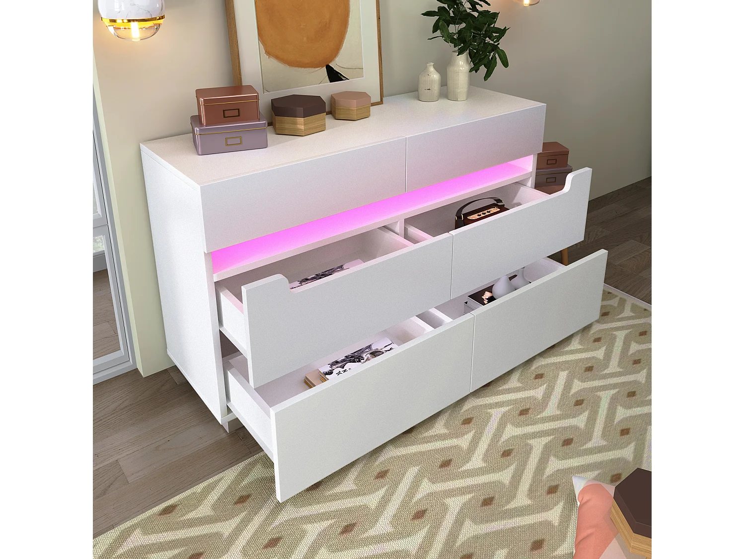 Anrichte, Holzanrichte mit 6 Schubladen, LED-Beleuchtung (per App gesteuert), 71 x 120 x 40 cm, weiß.