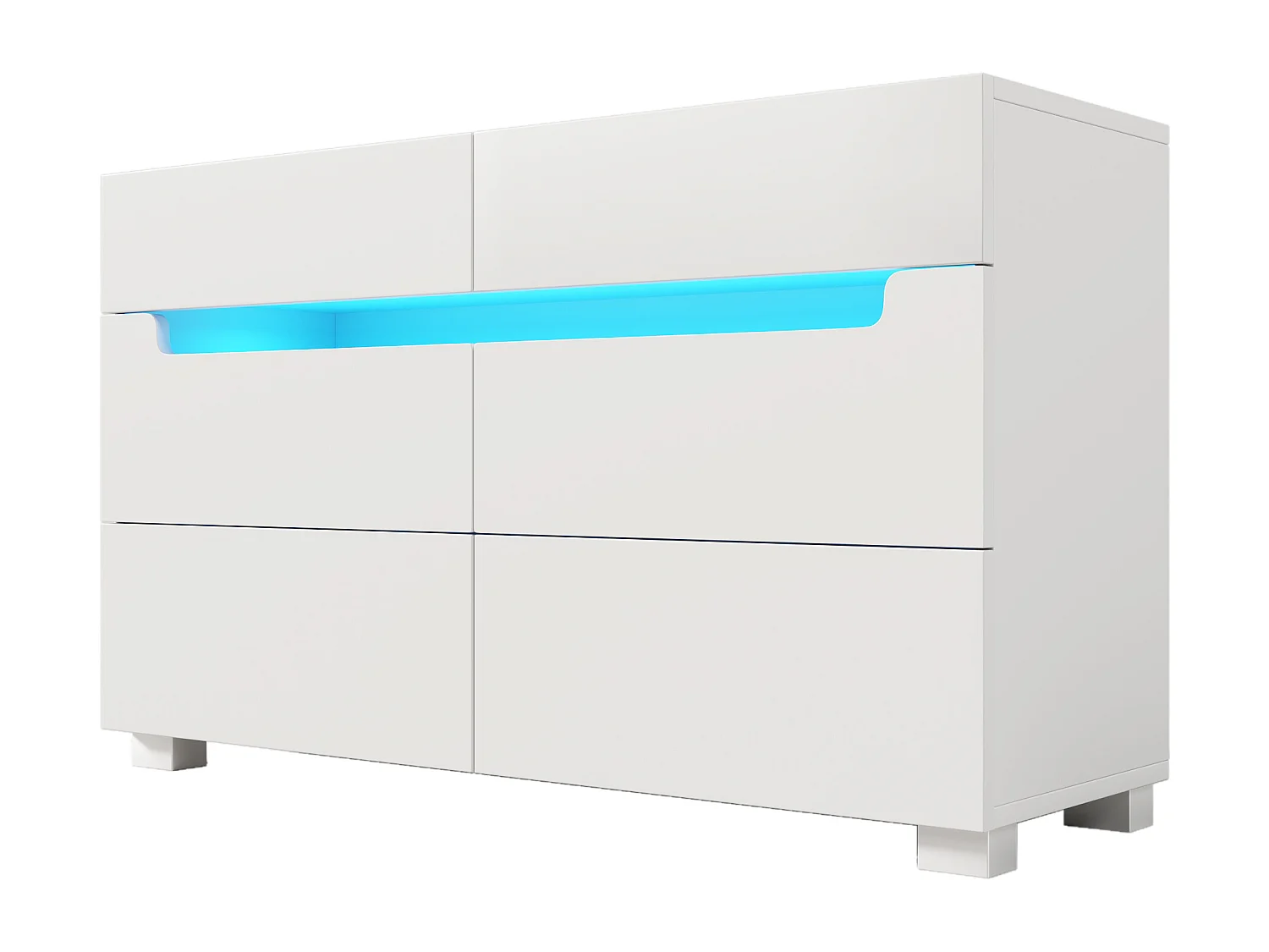 Anrichte, Holzanrichte mit 6 Schubladen, LED-Beleuchtung (per App gesteuert), 71 x 120 x 40 cm, weiß.