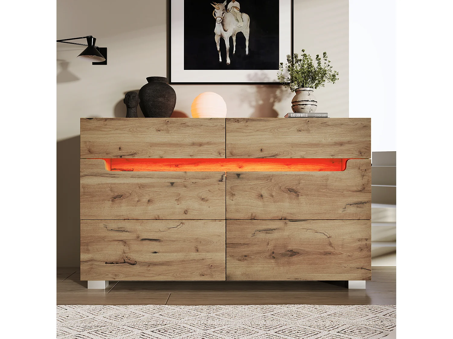 Buffet, buffet en bois avec 6 tiroirs, éclairage LED (commandé par l'application), 71 x 120 x 40 cm, couleur chêne