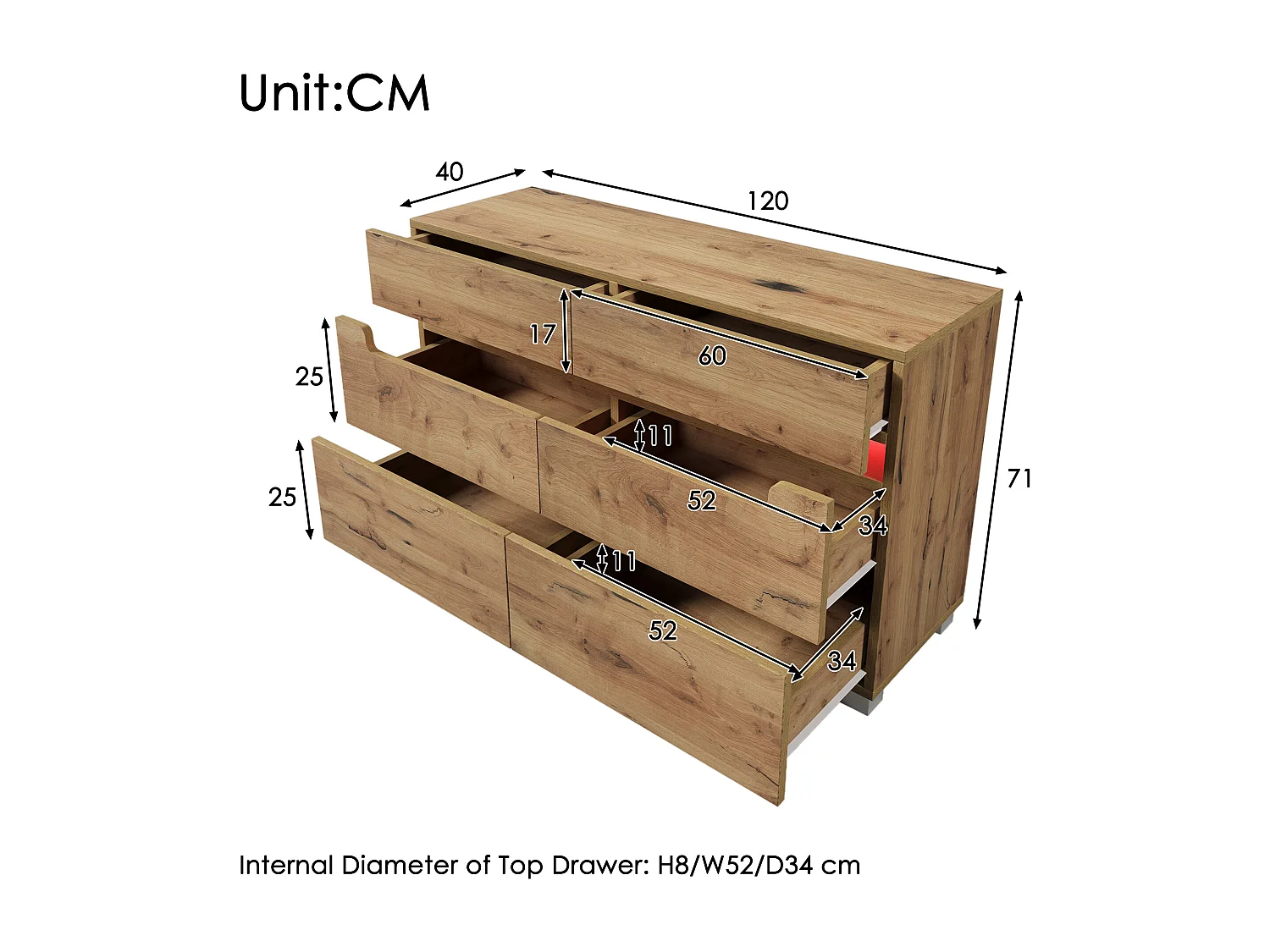 Buffet, buffet en bois avec 6 tiroirs, éclairage LED (commandé par l'application), 71 x 120 x 40 cm, couleur chêne