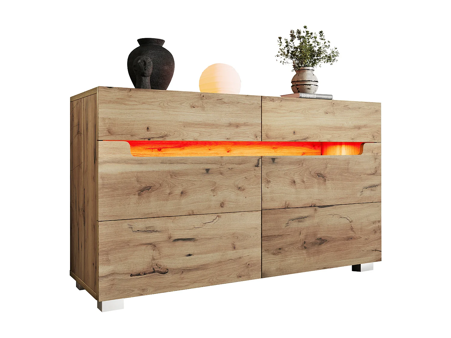 Buffet, buffet en bois avec 6 tiroirs, éclairage LED (commandé par l'application), 71 x 120 x 40 cm, couleur chêne