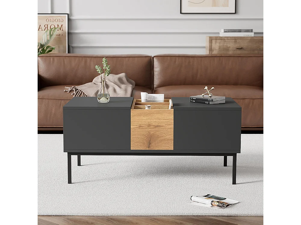Table basse moderne avec plateau réglable - gris foncé et aspect bois, réglable en hauteur, flexible, 100x50 cm