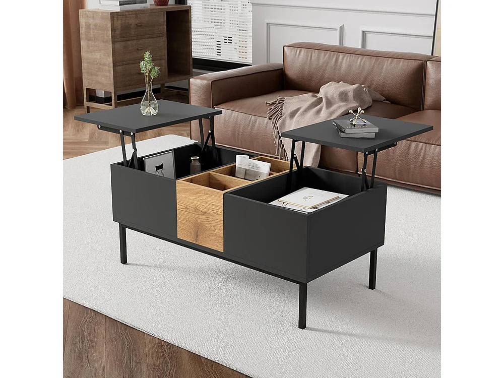 Table basse moderne avec plateau réglable - gris foncé et aspect bois, réglable en hauteur, flexible, 100x50 cm