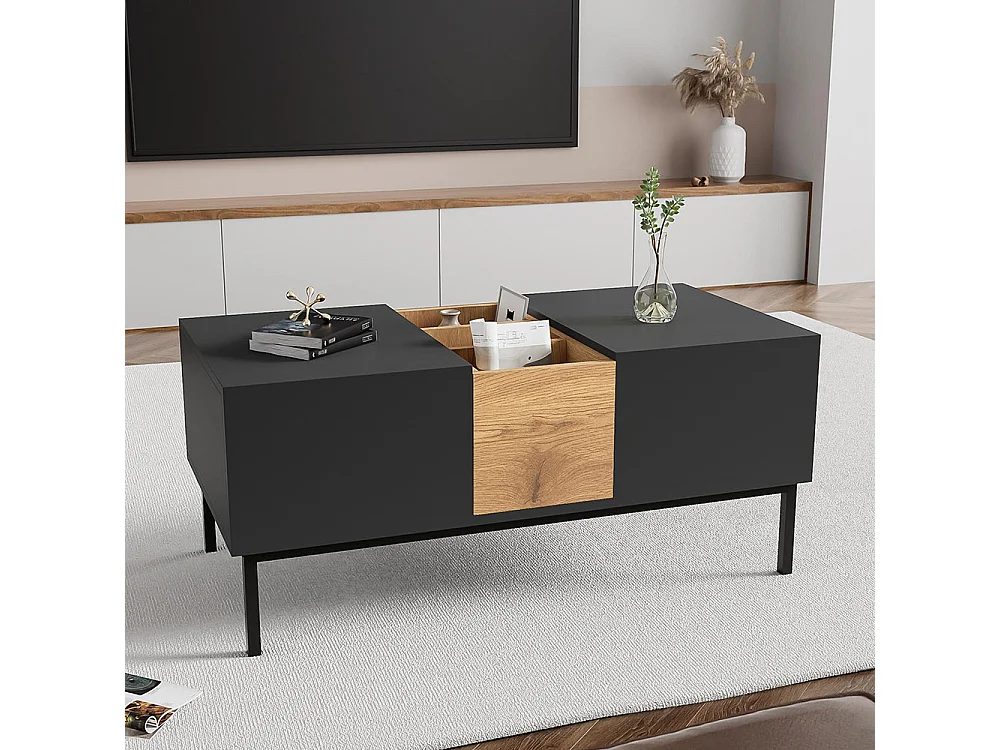 Table basse moderne avec plateau réglable - gris foncé et aspect bois, réglable en hauteur, flexible, 100x50 cm