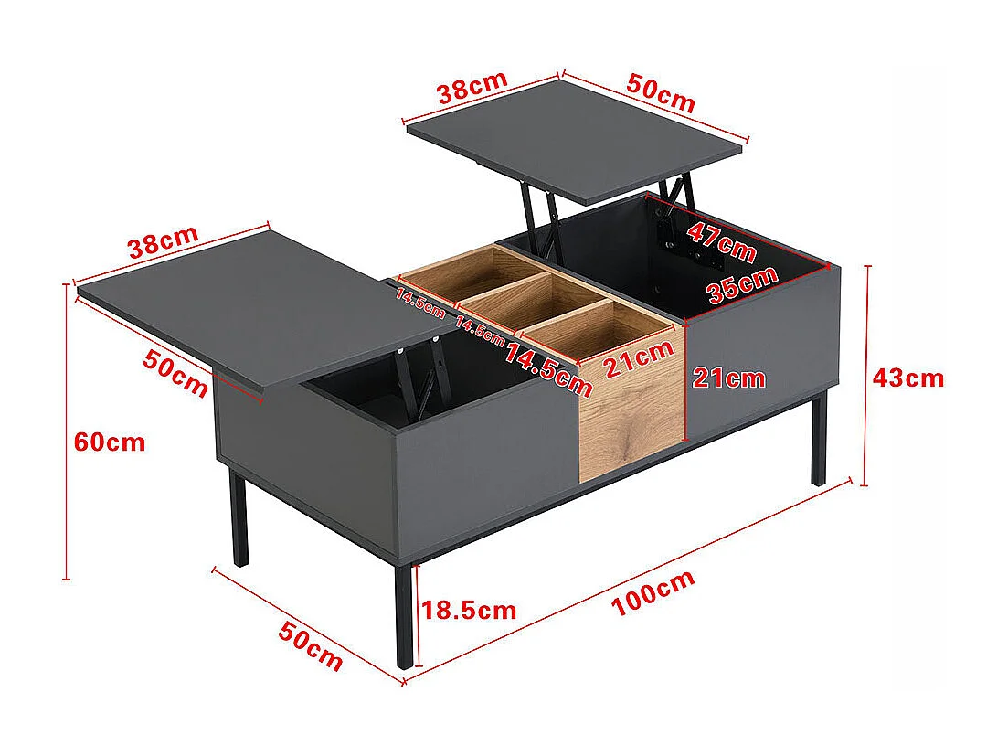 Table basse moderne avec plateau réglable - gris foncé et aspect bois, réglable en hauteur, flexible, 100x50 cm