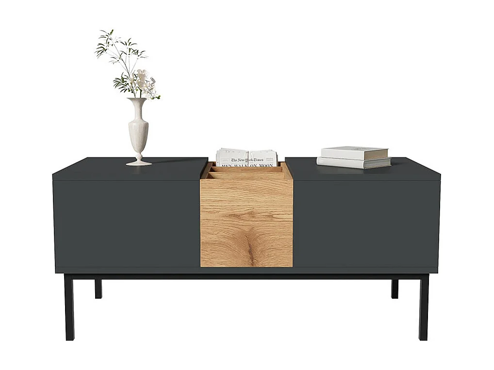 Table basse moderne avec plateau réglable - gris foncé et aspect bois, réglable en hauteur, flexible, 100x50 cm