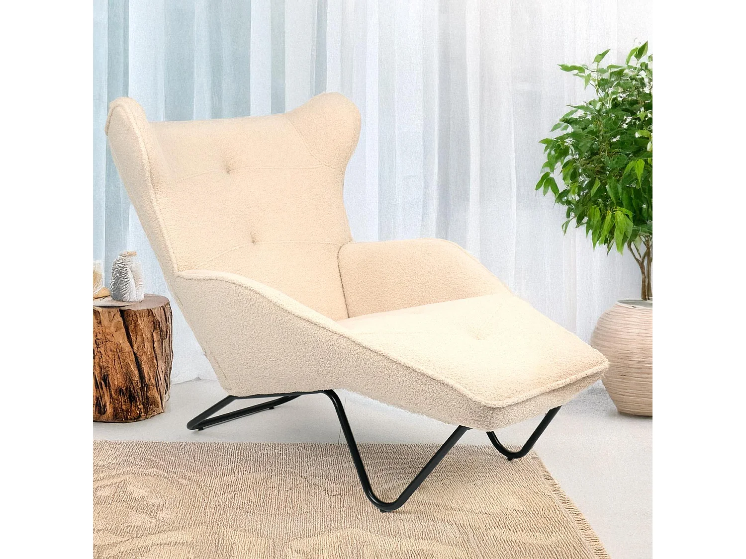 Fauteuil méridienne style bergère relax Shirley Tissu bouclette Beige