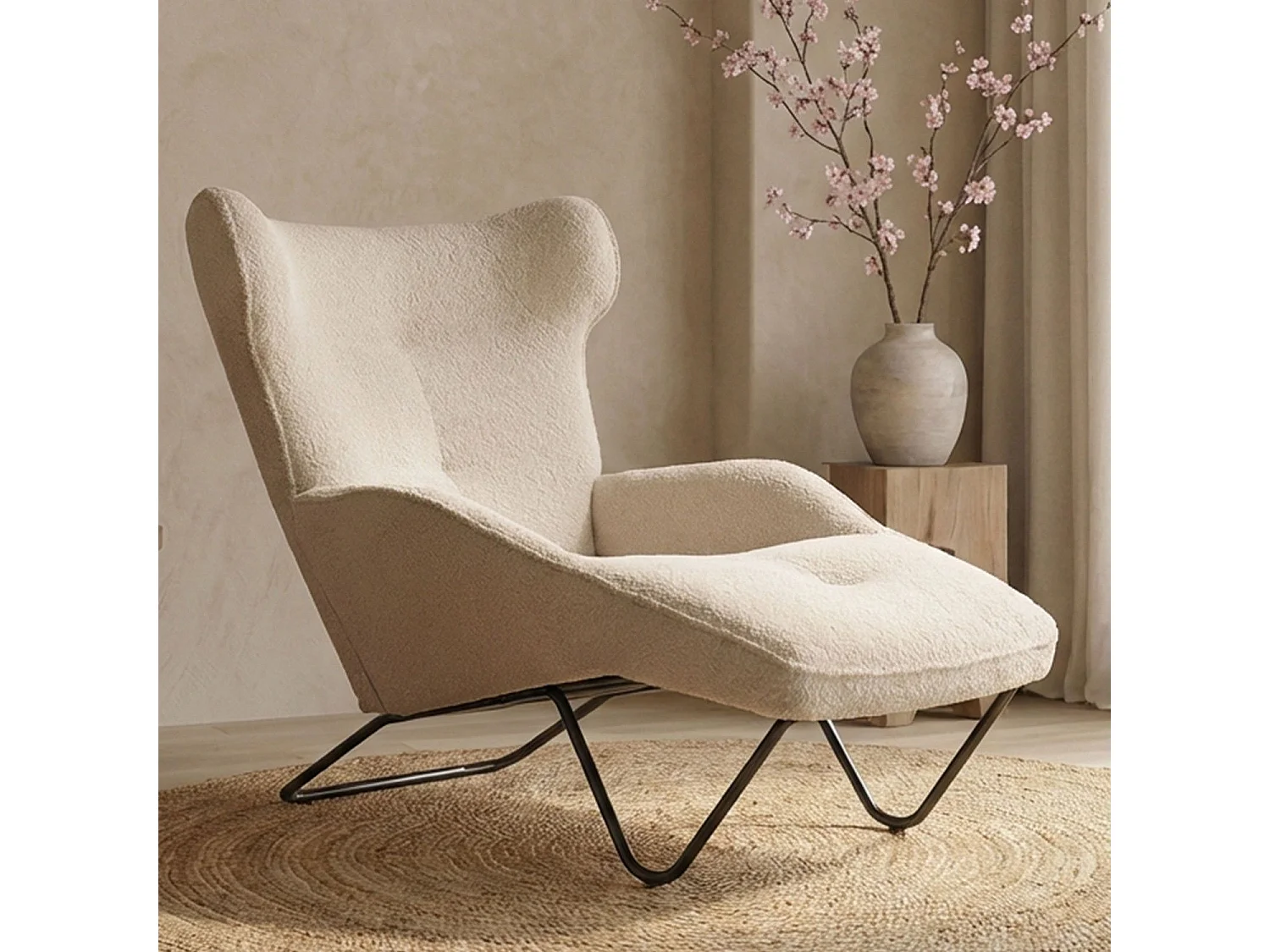Fauteuil méridienne style bergère relax Shirley Tissu bouclette Beige