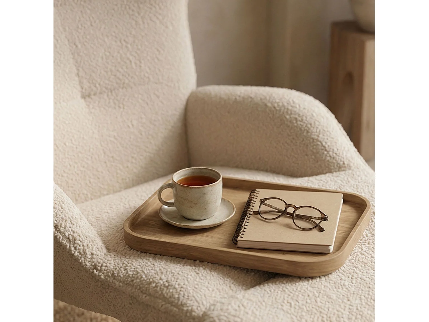 Fauteuil méridienne style bergère relax Shirley Tissu bouclette Beige