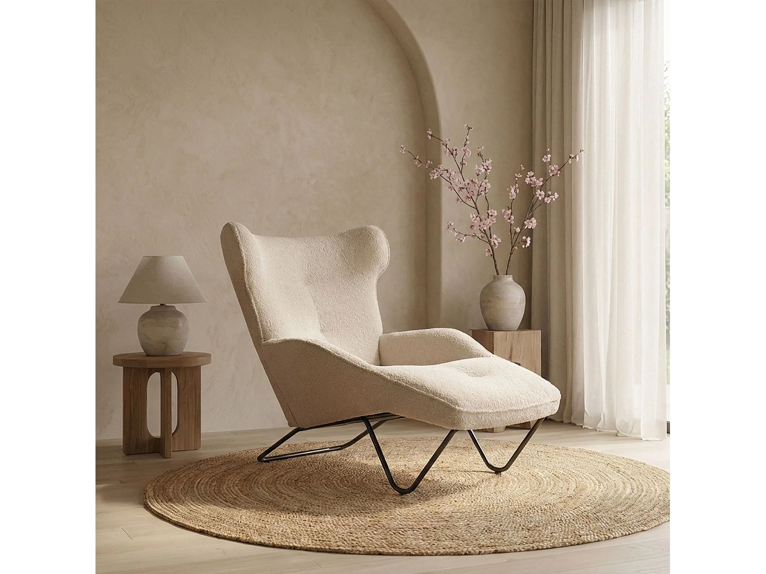 Fauteuil méridienne style bergère relax Shirley Tissu bouclette Beige