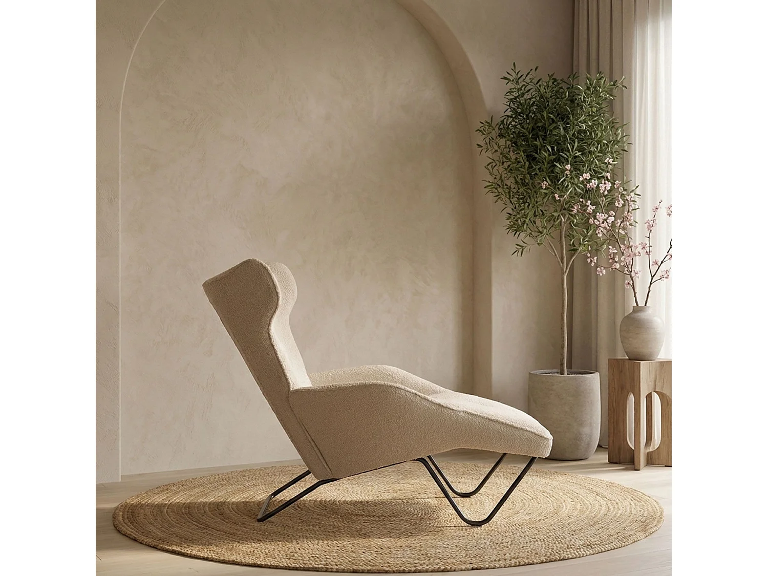 Fauteuil méridienne style bergère relax Shirley Tissu bouclette Beige