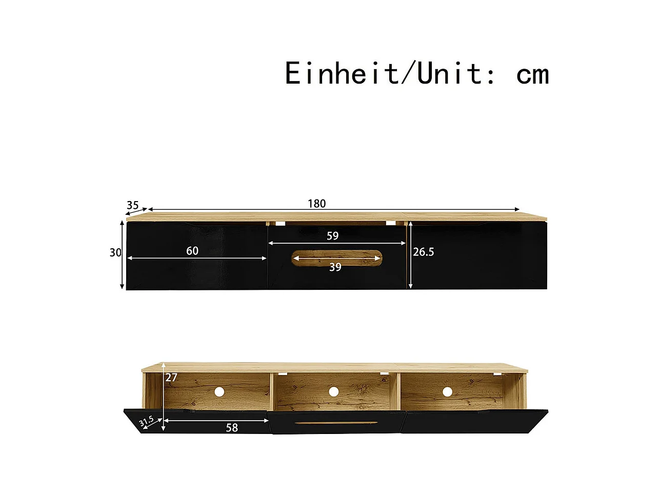Armoire TV, 180 cm, surface brillante, avec éclairage LED 16 couleurs, montage mural