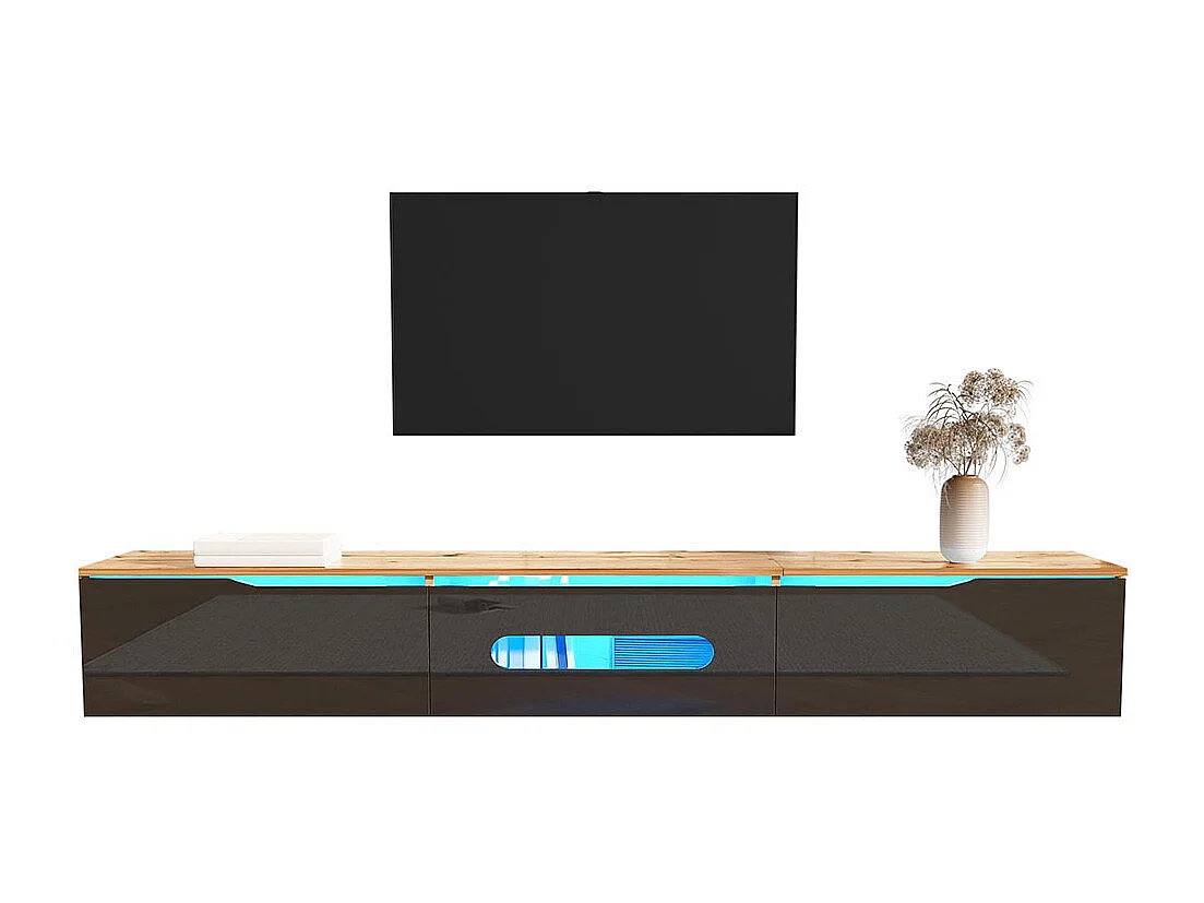 Armoire TV, 180 cm, surface brillante, avec éclairage LED 16 couleurs, montage mural