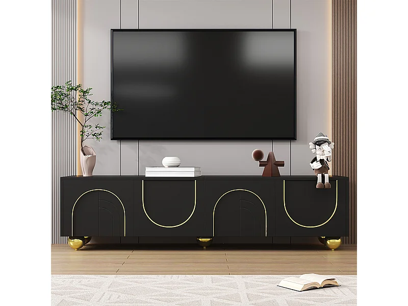 TV-Möbel, Lowboard mit strukturierten Türen, goldenen Beschlägen, abgerundeten goldenen Füßen, enthält Regale, zum Öffnen drücken.