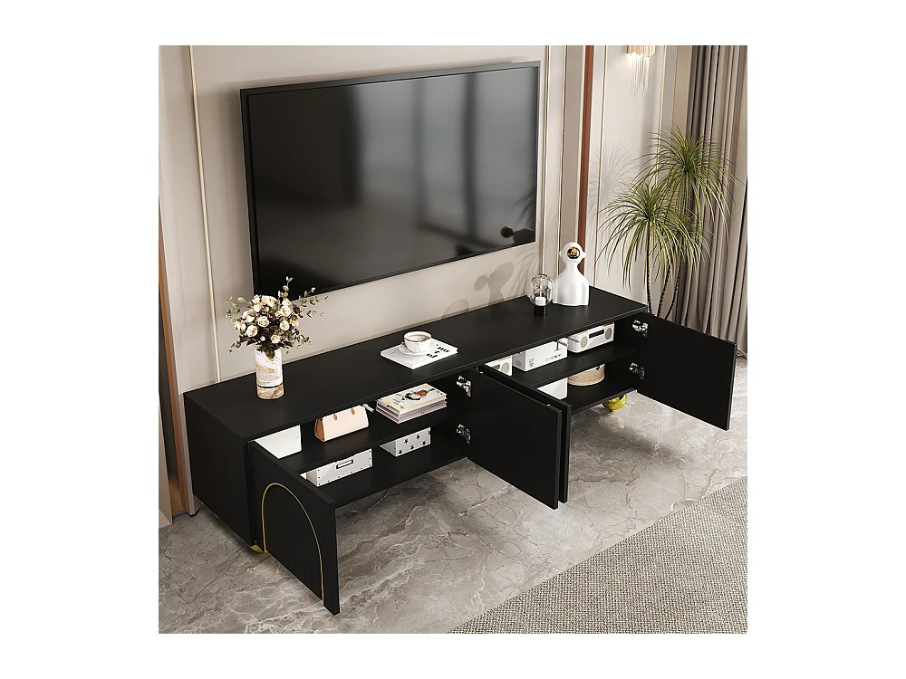 Móvel para televisão, móvel básico com portas texturadas, acabamentos dourados, pés dourados arredondados, inclui prateleiras, pressione para abrir