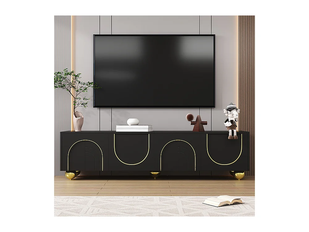 Meuble TV, meuble bas avec portes texturées, garnitures dorées, pieds arrondis dorés, comprend des étagères, appuyer pour ouvrir
