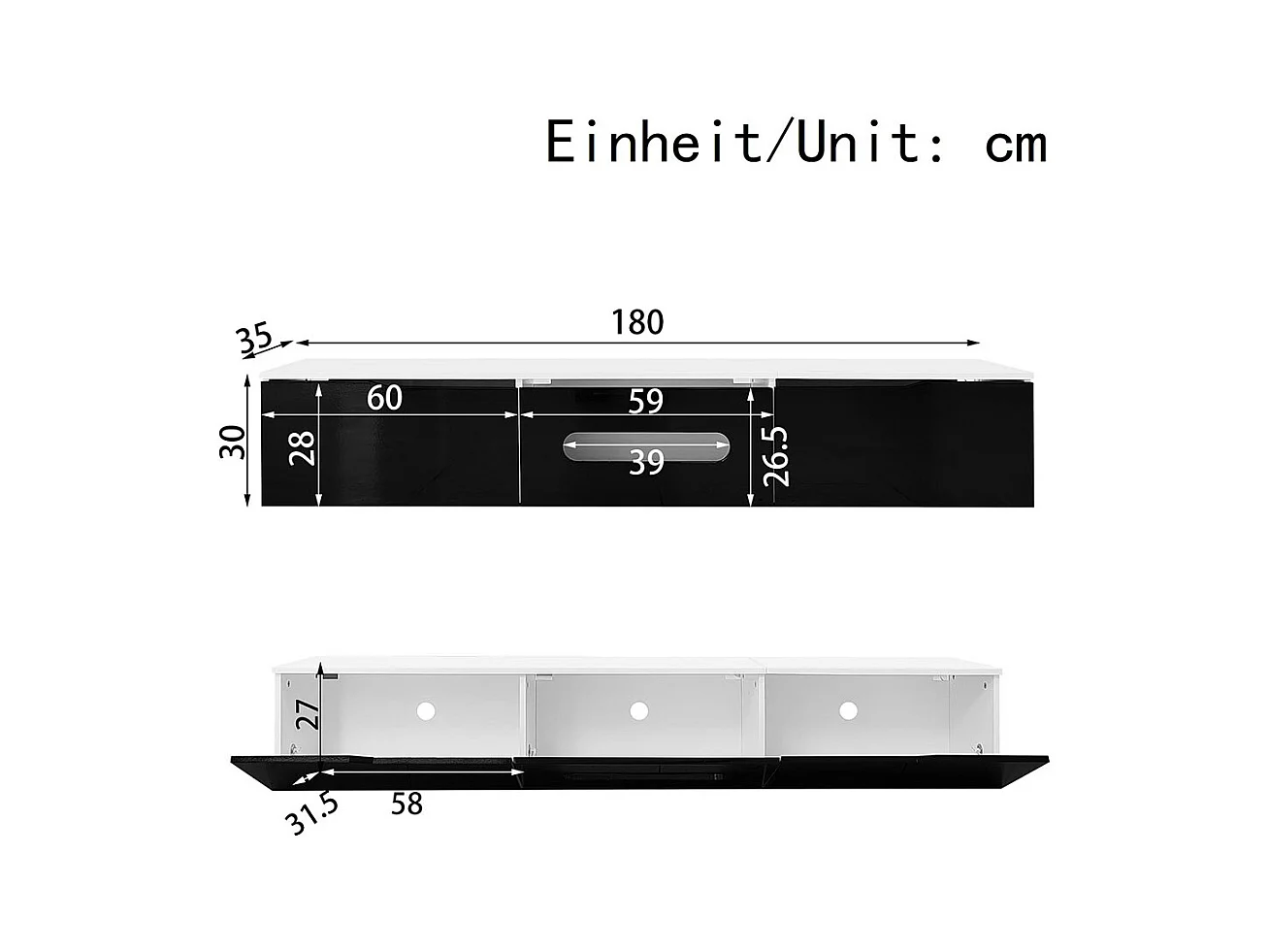 Meuble TV noir et blanc, 180 cm de long, finition brillante, avec éclairage LED 16 couleurs, fixation murale
