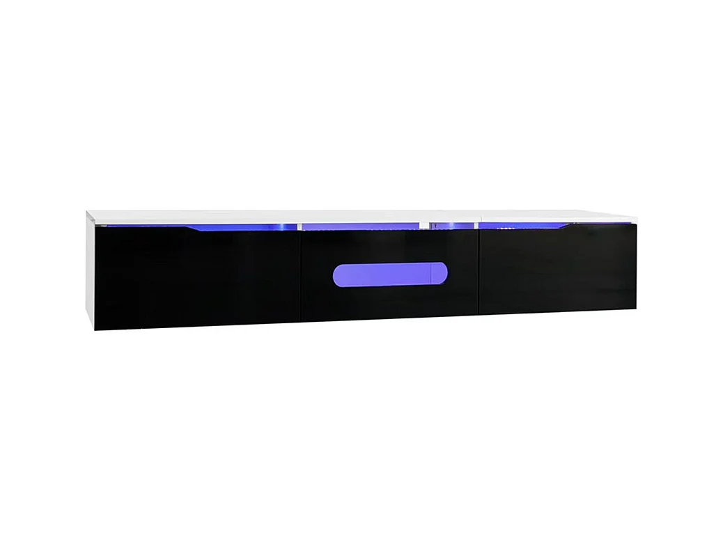 Meuble TV noir et blanc, 180 cm de long, finition brillante, avec éclairage LED 16 couleurs, fixation murale